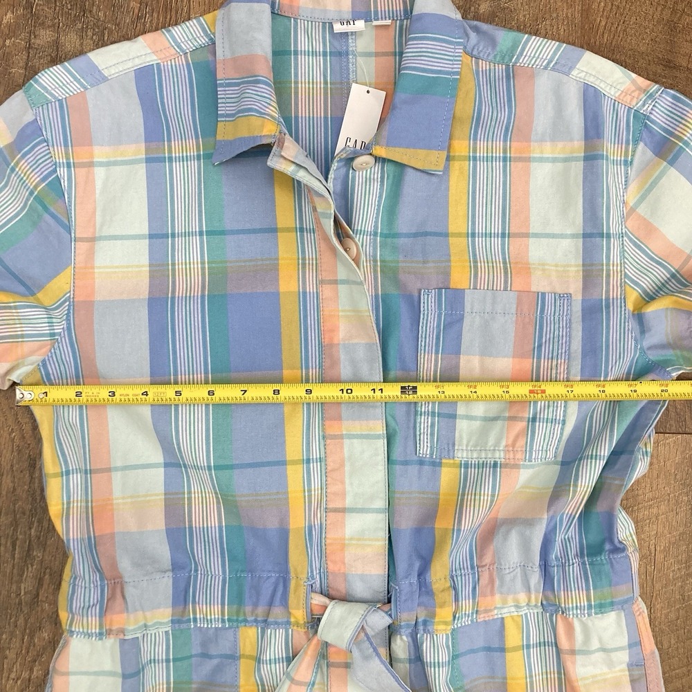 GAP NWT Women's Short Sleeve Plaid Romper 100% Cotton Tie Belt Pastel Geo sz 10 - Picture 6 of 11